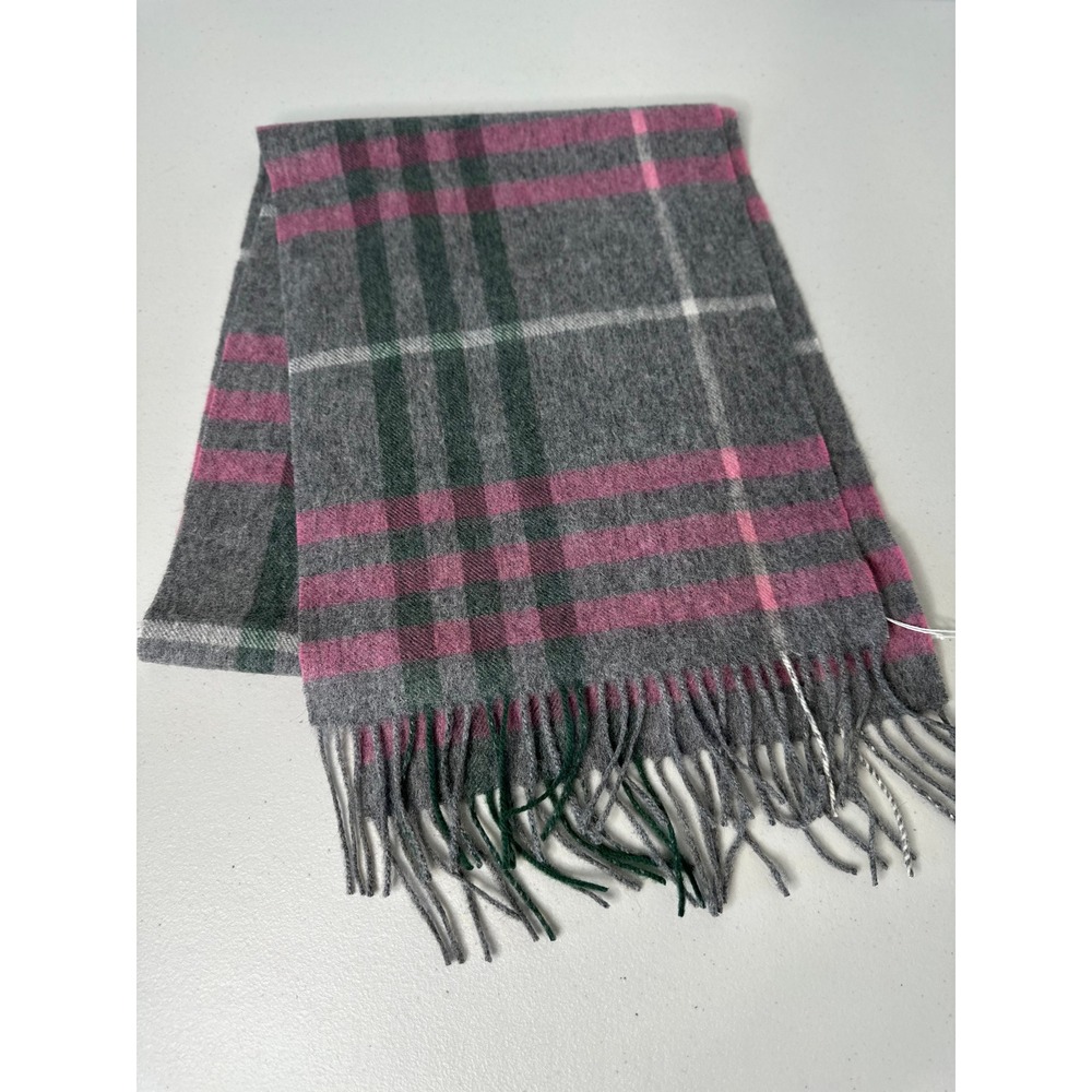 Suantraí of Ireland 100% Wool Scarf Grey Pink Green Plaid Fringed Preppy